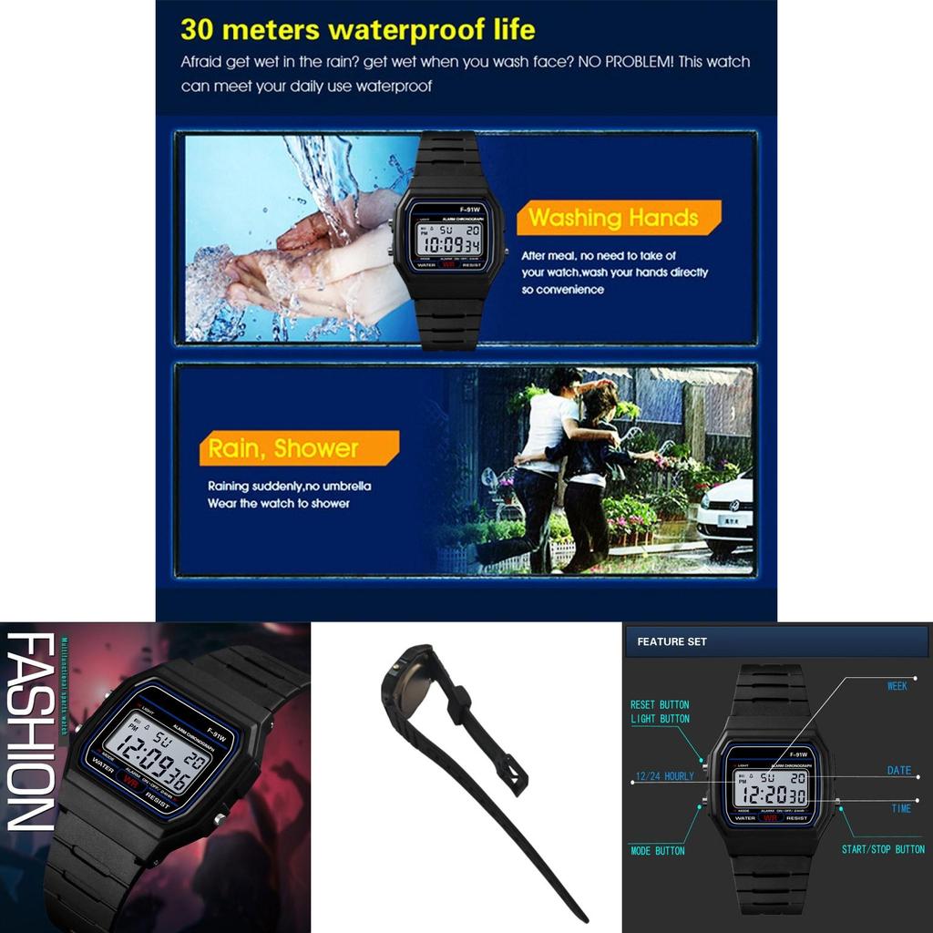 Цифровые спортивные часы F91w Водонепроницаемые наручные часы для взрослых Легкие и простые в чистке