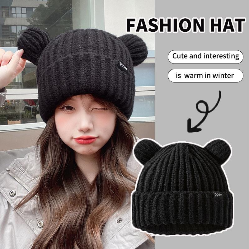 2024 Женская однотонная вязаная милая шерстяная шапка с ушками медведя для взрослых, мягкая плюшевая утолщенная наружная защита ушей для тепла, женская шапка