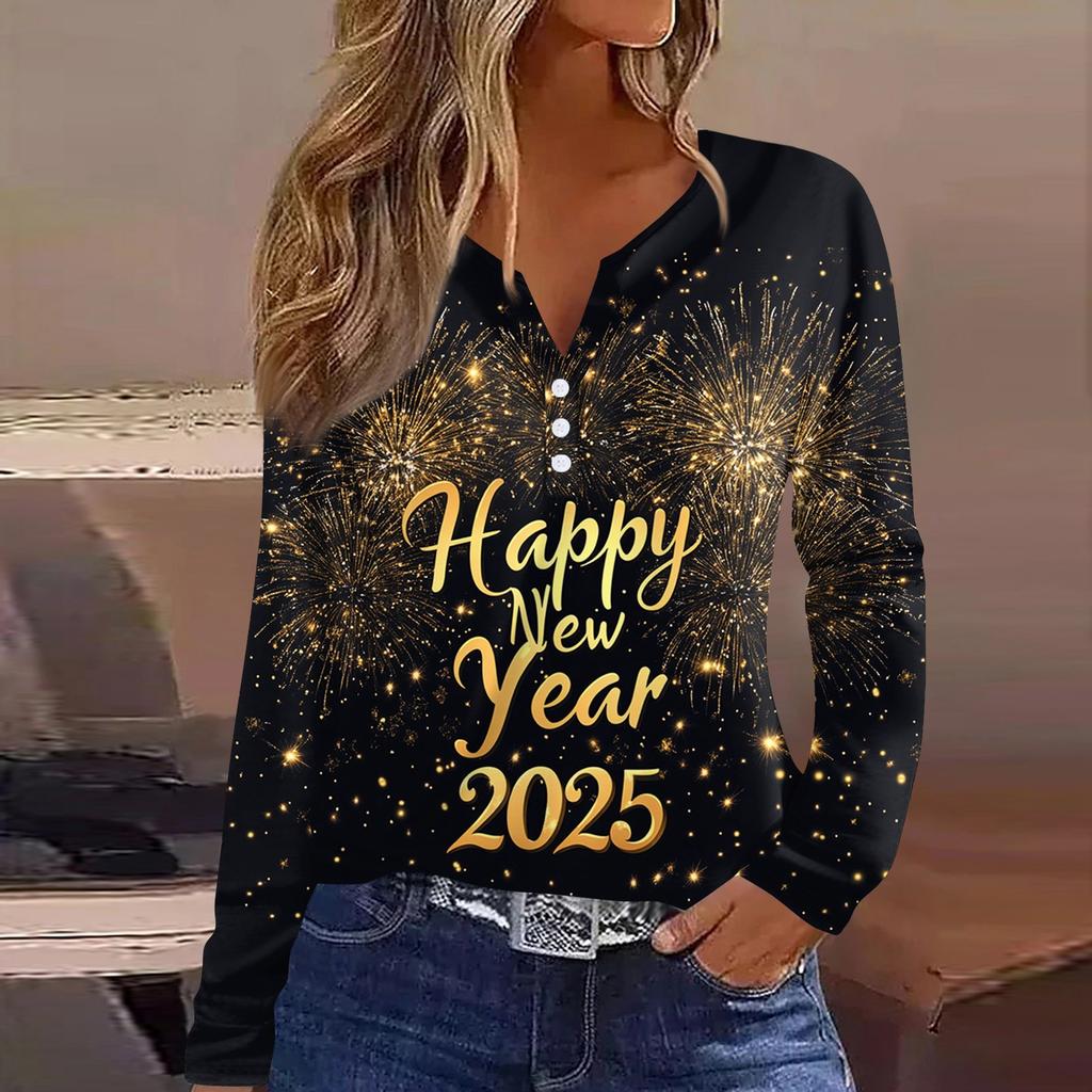 Жен. Футболка Футболка С принтом Пуговицы Длинный рукав Повседневные Выходные Мода Классический V-образный вырез Обычный Верх