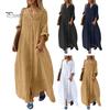 Spring Summer Women Dress Plus Size Loose Pure Color Single-breasted Pockets V Neck Long Sleeves Split Hem Soft Breathable Casual Ankle Length Maxi