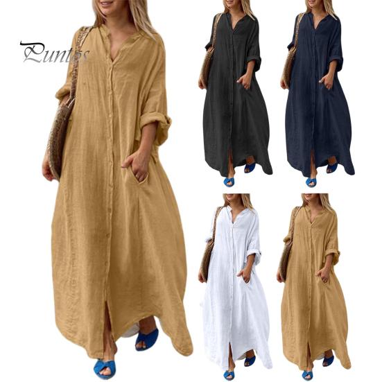 Spring Summer Women Dress Plus Size Loose Pure Color Single-breasted Pockets V Neck Long Sleeves Split Hem Soft Breathable Casual Ankle Length Maxi