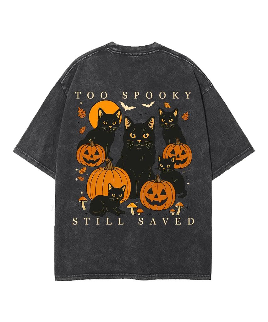 Too Spooky Still Saved Halloween Black Cats Pumpkin Front Back Print Vintage Washed T-shirt Unisex Oversized Tee Religious Tops