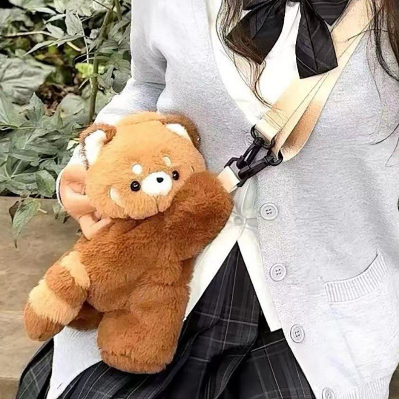 Red Panda Plush Backpack Cute Plushie Doll Women Crossbody Fur Soft Shoulder Bag For Camping Travel Party Female Birthday Gift