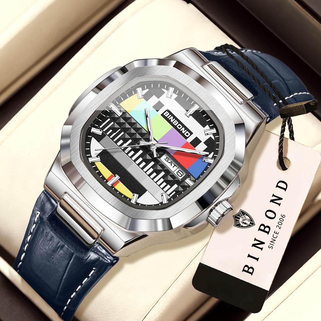 BINBOND TV Memory Quartz Watch For Men Luxury Auto Day Week Display Luminous Waterproof Men's Watches Sturdy Leather Reloj