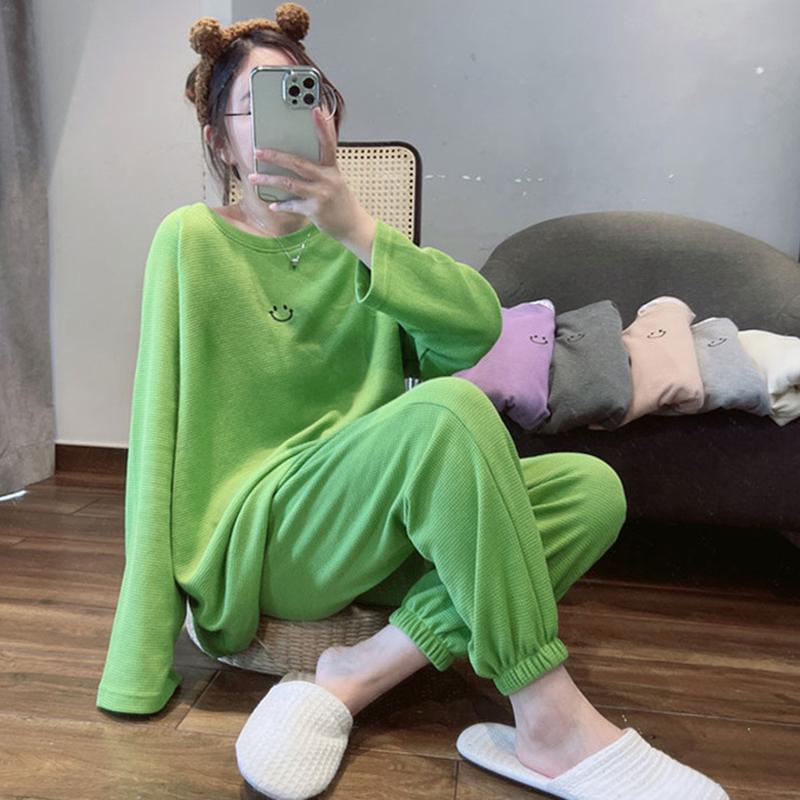 Весна и осень новые пижамы домашняя одежда комплект осень и зима вафельные корейские пижамы для девочек-студенток длинные рукава пижамы домашняя одежда