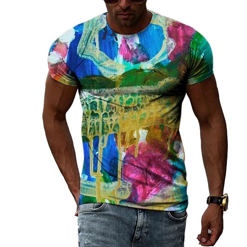 Summer Funny Graffiti Trend Fashion Pattern Men Tshirts Casual Print Hip Hop Tees Personality Round Neck Short Sleeve Tops