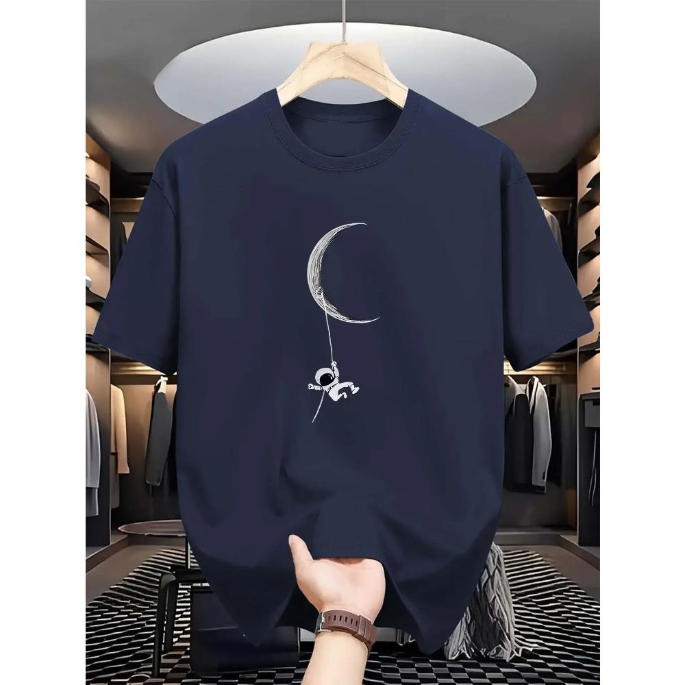 Мужская футболка с принтом «Астронавт и Луна», повседневная футболка с коротким рукавом и круглым вырезом, состав, стандартный крой, легкая эластичность