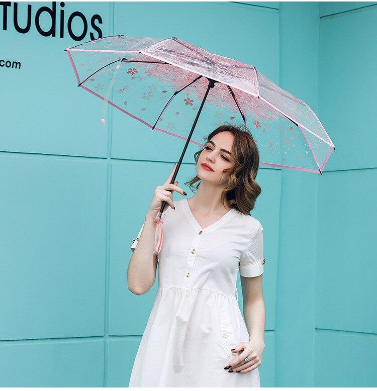 Korean Umbrella Folding Cute Korean Mini Fresh Simple Sen Series Trifold Japanese Cherry Blossom Transparent Umbrella