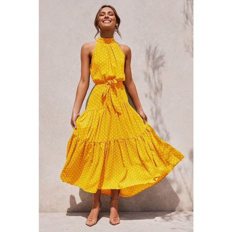 Женское длинное платье с воротником-стойкой и принтом в горошек