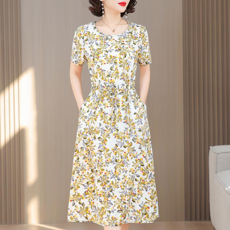 Plus Size Casual Summer Women's Dresses Elegant Slim Short Sleeve Vintage Print Long Dress Female Summer Clothes