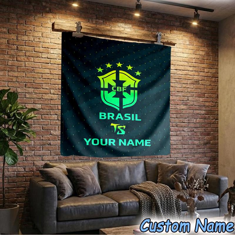 Custom Name Brazilian Football Emblem Tapestry Room Decoration Wall Hanging for Living Room Bedroom, dormitory, Birthday and Christmas gifts