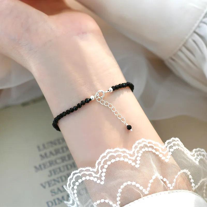 Натуральный крошечный блестящий гранат, жемчуг, черная шпинель, драгоценный камень, 3 мм, браслет из стерлингового серебра 925 пробы, застежка + 3 см