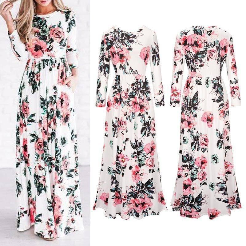 Elegant Summer Floral Print Long Sleeve Dress For Women In White Pink Green And Navy Blue