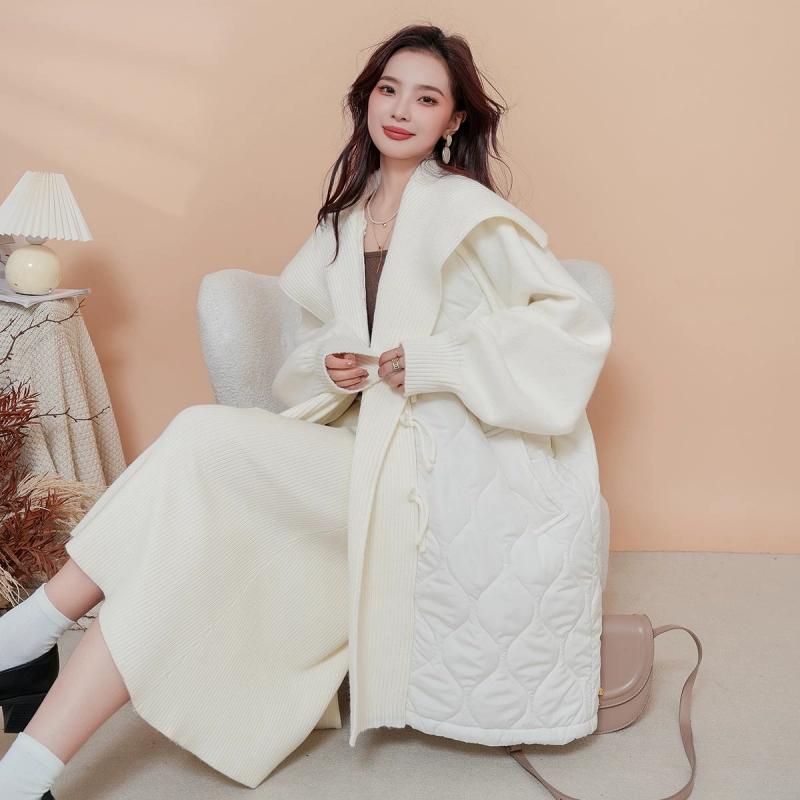 Winter New Women Sweaters Coat Wadded Coat Knitting Jacket Patchwork Long Fake Two-Piece Loose Sweater
