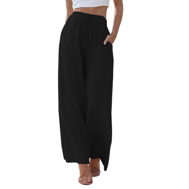 Женские элегантные хлопковые льняные однотонные свободные брюки с широкими штанинами на шнуровке Брюки с эластичной резинкой на талии