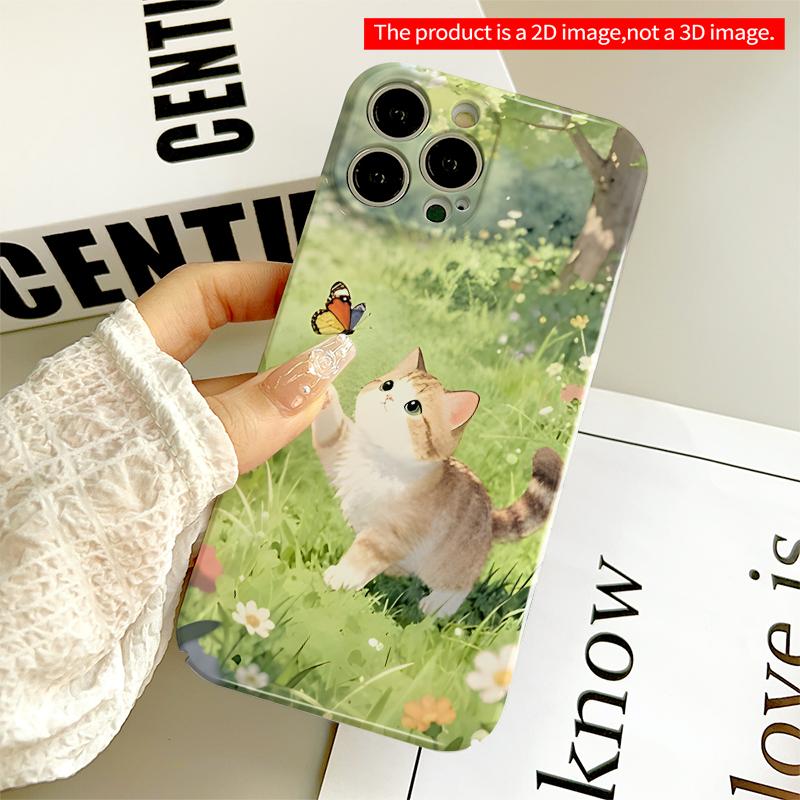 2DFlat Cute Kitten Chasing Butterfly in Garden All inclusive film hard iPhone case, compatible with iPhone 18 Pro Max 17 16 15 14 13 12 11