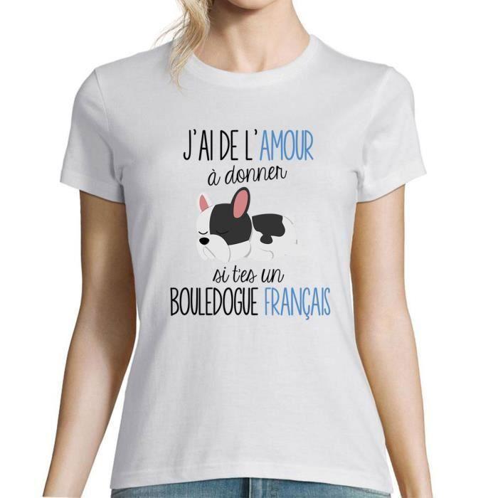 T-shirt Femme - Bouledogue Français - Col rond - Manches courtes - Coton blanc