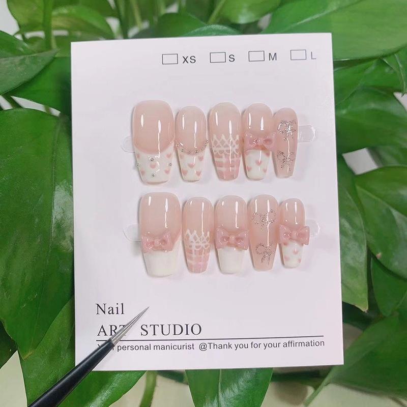 10pcs Sweet Pink French Press On Nails With 3D Bowknot Glossy Medium Coffin False Nails Handmade Manicure