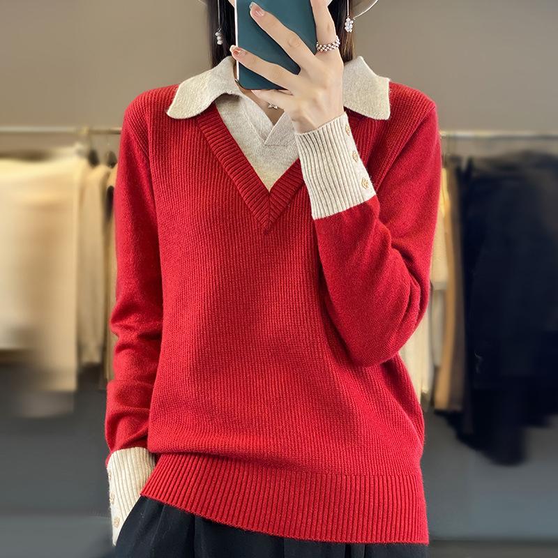 2024 New Autumn Sweater Long-sleeved Fake Two-piece Women's Tops Fashionable Western Style Shirt Collar Slim Sweater Base