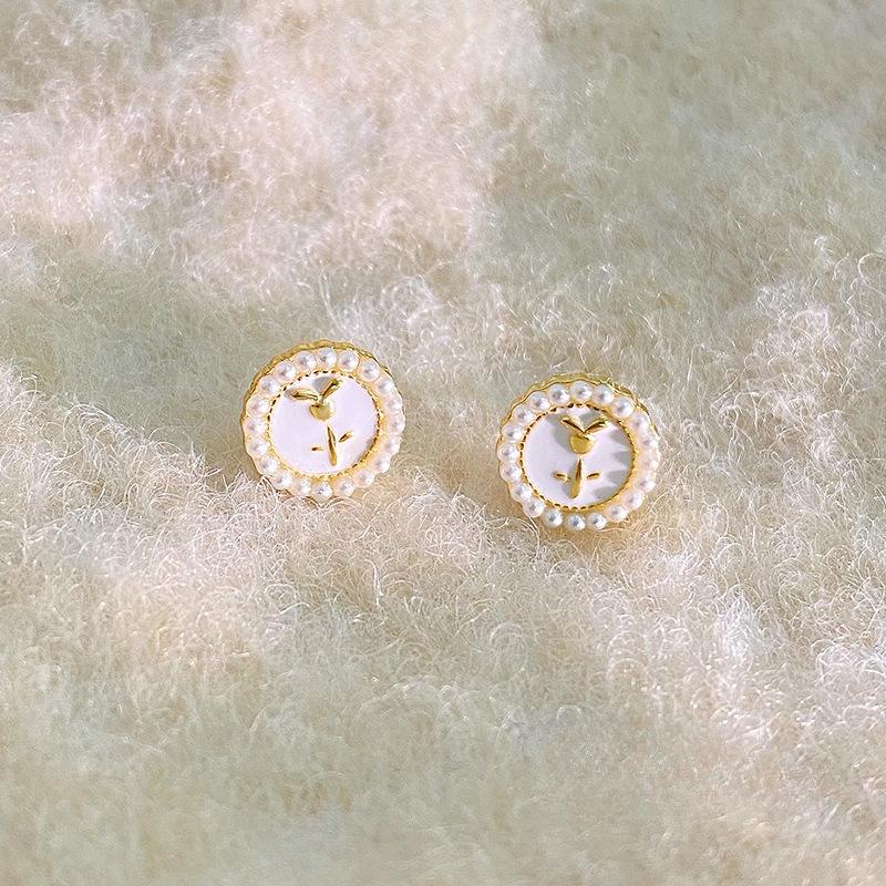 Серьги-гвоздики с круглыми французскими жемчужинами и цветком-бантом для женщин, ретро-темперамент и милые серьги