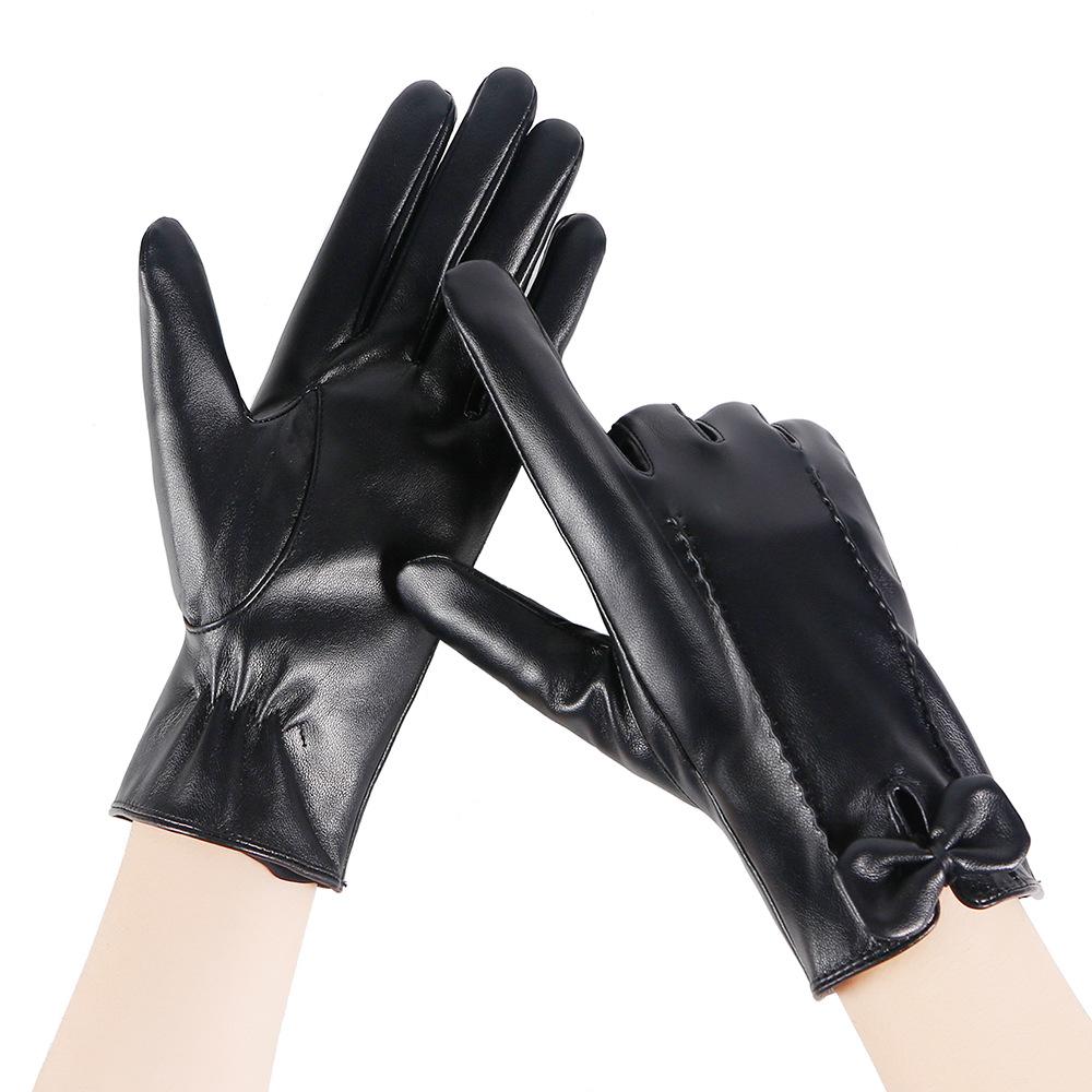 Autumn and Winter Warm Gloves for Women PU Leather Bow Plus Velvet Thickened Cold and Windproof Outdoor Driving Touch Screen