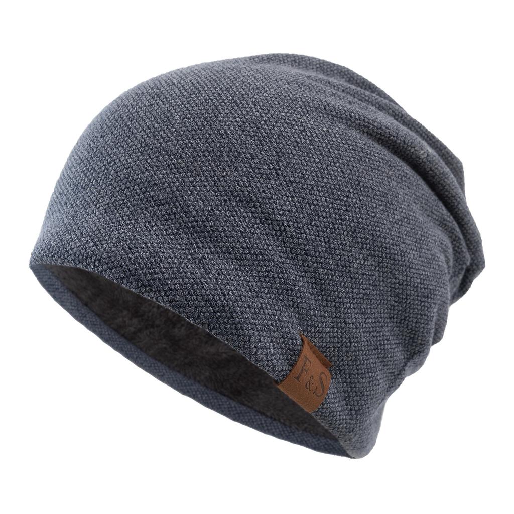Autumn/Winter Beanie Hat Casual Fleece-Lined Thermal Solid-Colour Loose-Fit Knitted Hat for Men and Women