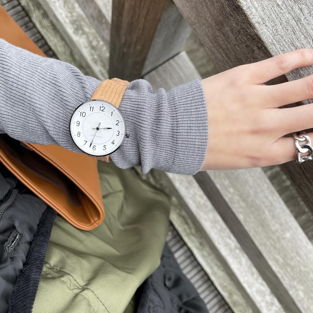 ARNE JACOBSEN X Mina Perhonen 34mm Scandinavian Design Watch with Land Puzzle Strap, STATION 53411-1684S, White and Brown