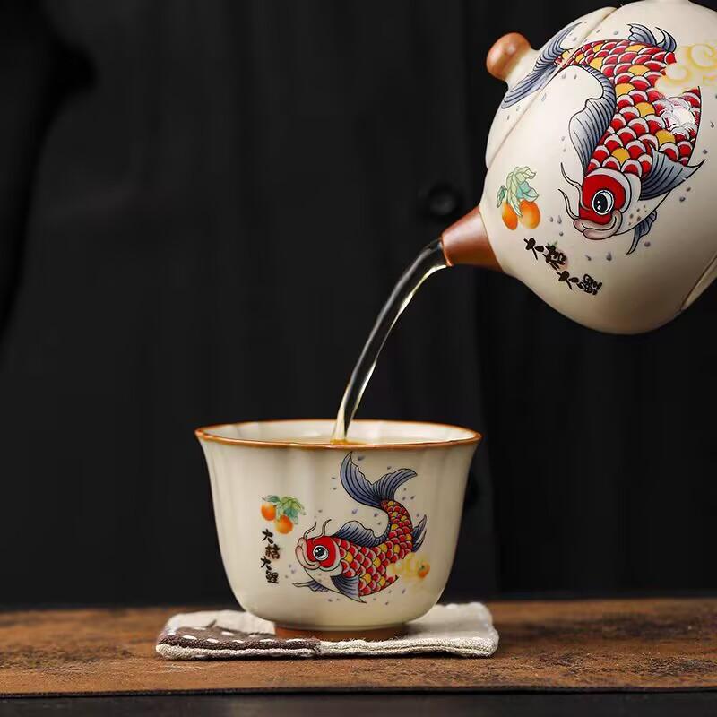 Beige Ru Kiln Goldfish Full Hall Teacup Master Cup Kung Fu Tea Set Personal Special Ceramic Tea Cup Hospitality Cup