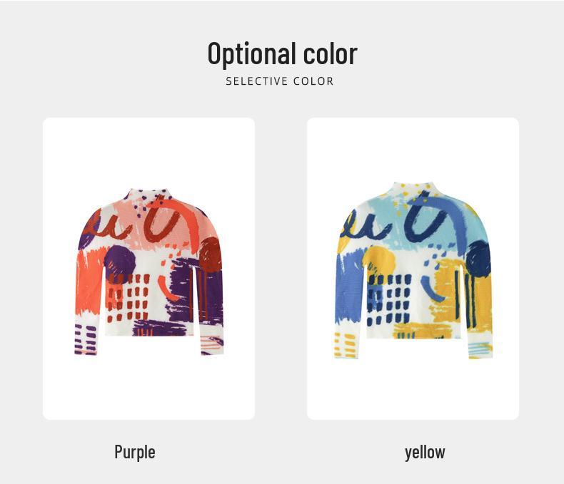 Женская футболка с высоким воротником и длинным рукавом Miyake Pleats - Весна/Лето 2026, Абстрактный принт "Зерно кукурузы", Облегающий крой.