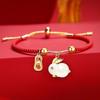 Women Bracelet Chinese Style Fu Character Auspicious Pendant Gift Half Red Rope Half Chain Faux Jade Rabbit Bangle for Daily