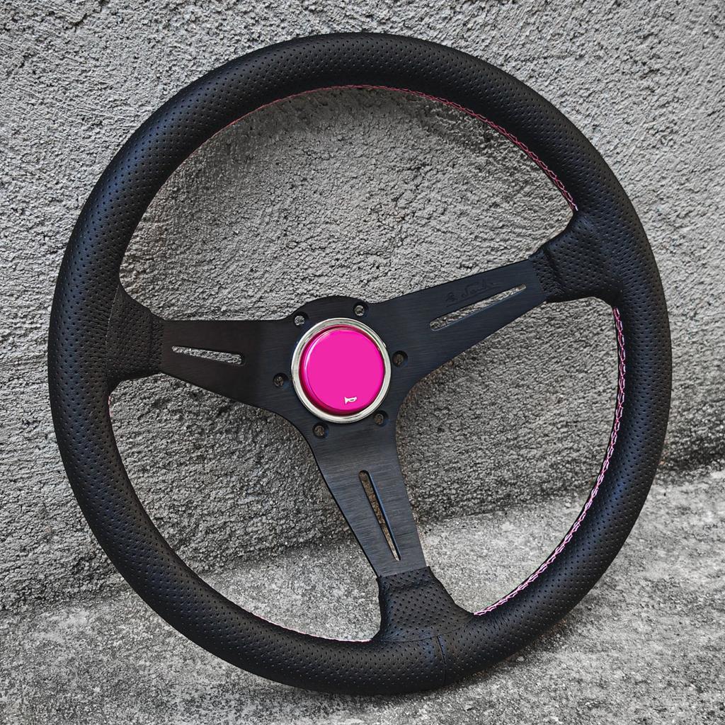 JDM Universal 14inch Leather Steering Wheel Modified Car Sports Steering Wheel Pink Stitching