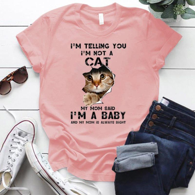 Летнее веселье Кошачий узор Принт Круглый вырез Свободный Хлопок Короткий рукав Топ Футболки Женские