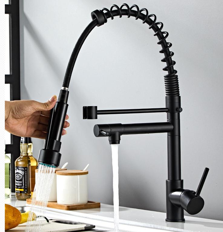 Chrome Spring Kitchen Faucet Pull Down Dual Spouts 360 Swivel Handheld Shower Kitchen Mixer Crane Hot Cold 2 Outlet Spring Taps