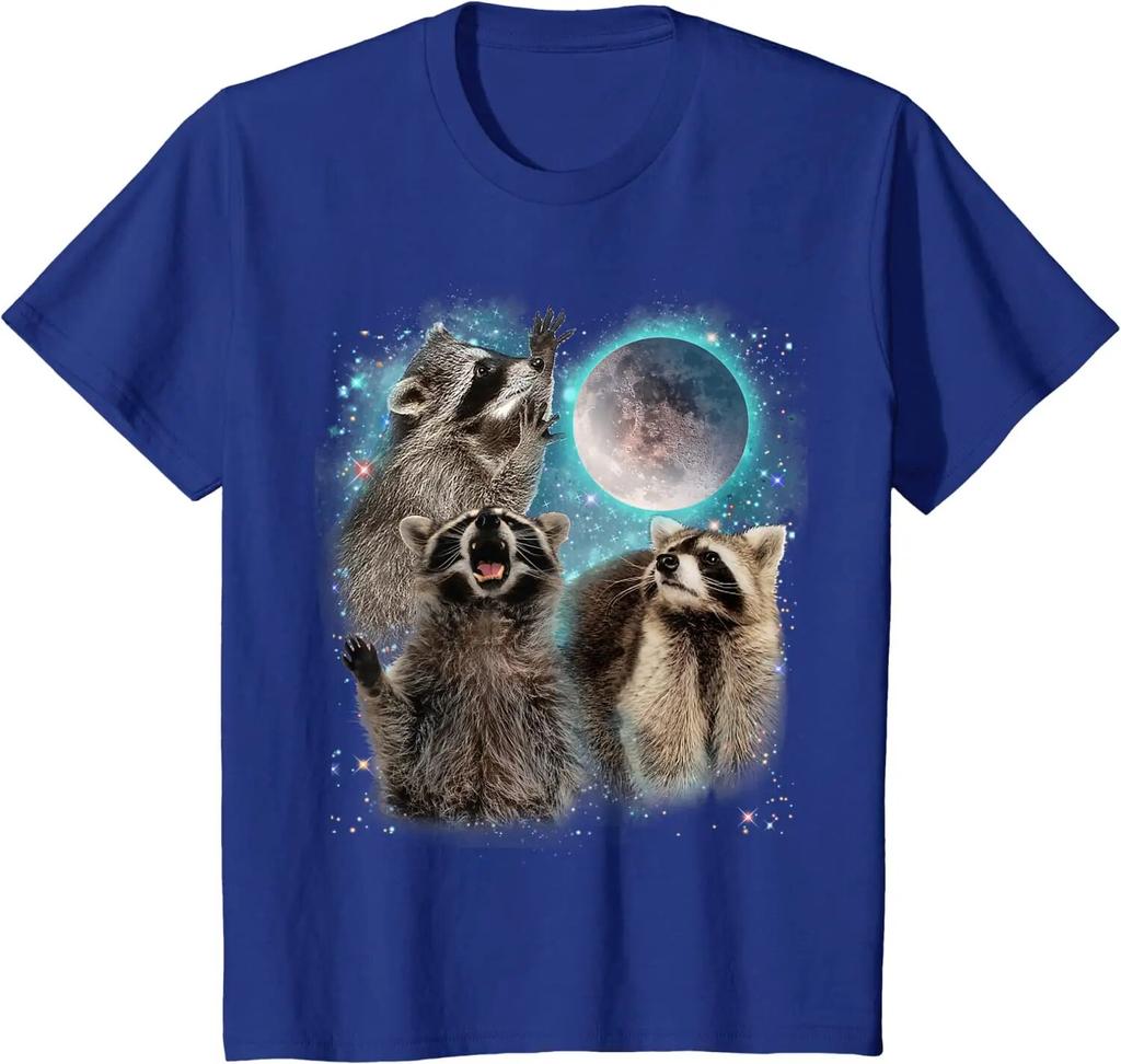 Забавная 3 енота и луны, воющая голова енота, забавная для унисекс, женская детская футболка, повседневные хлопковые повседневные футболки на четыре сезона
