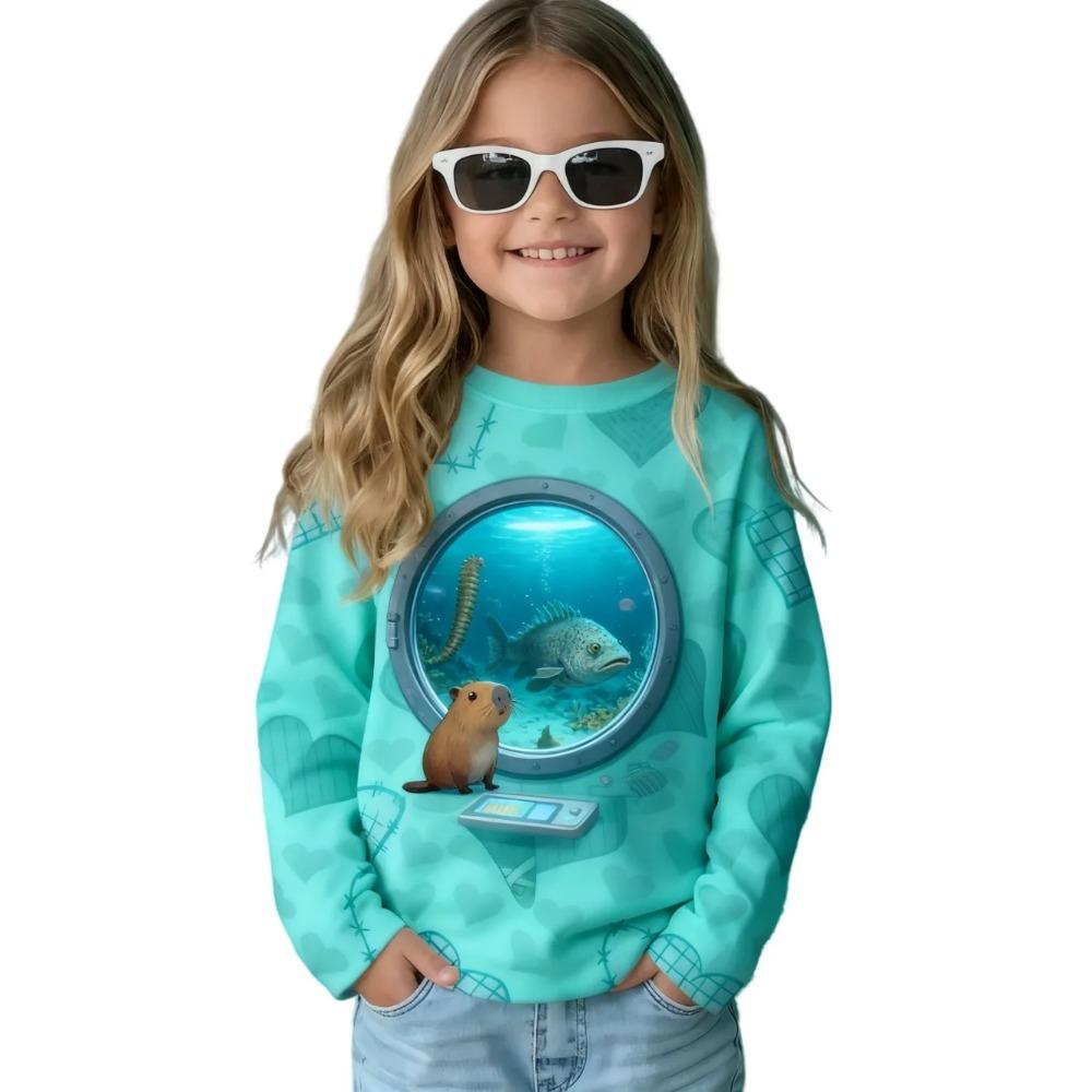 Spring and Autumn Round Neck Cartoon Capybara Pattern 3D Printed Top Fashionable Casual Long Sleeved Children's Girl T-shirts