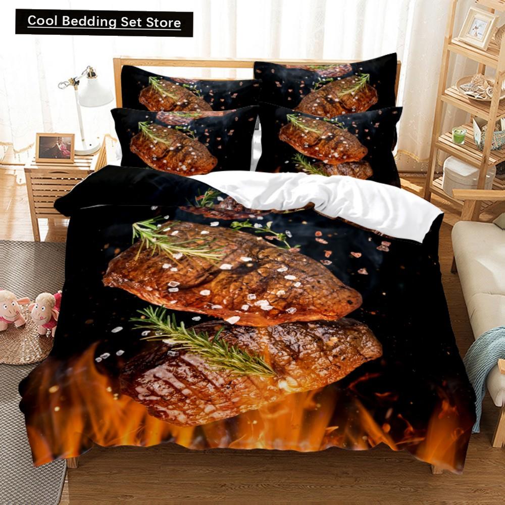 Еда Говядина Комплект постельного белья 3D Свежее мясо Пододеяльник Кинг/Квин Сайз Вкусные морепродукты Сашими Голень Стейк Реалистичный Пододеяльник