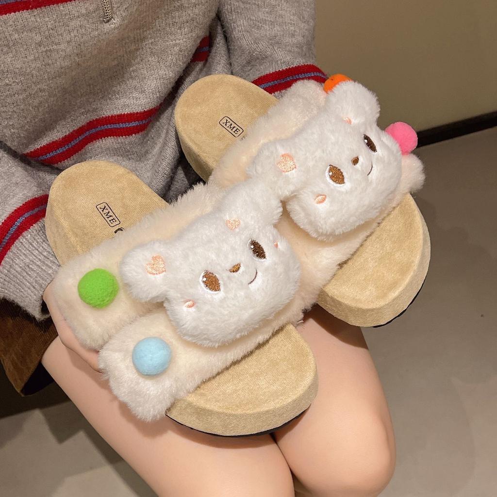 Comfortable Home Cotton Slippers Cute Cartoon Bear Fluffy Slippers Women's Wear 2025 Autumn and Winter New Lazy Casual