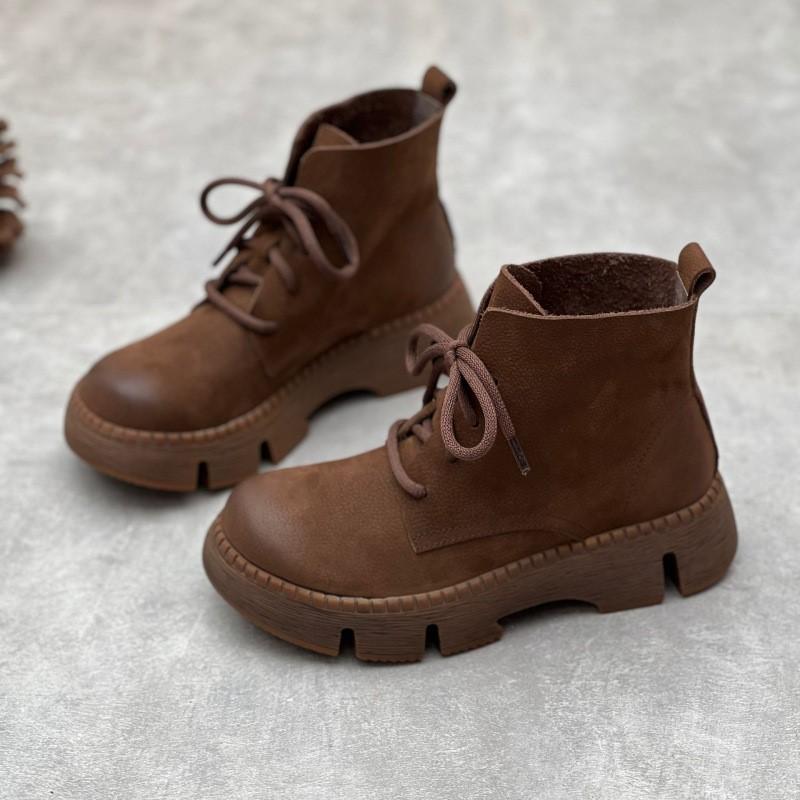 Johnature Vintage Handmade Genuine Leather Thick Sole Short Boots Round Toe Lace Up Cowhide Women's Shoes