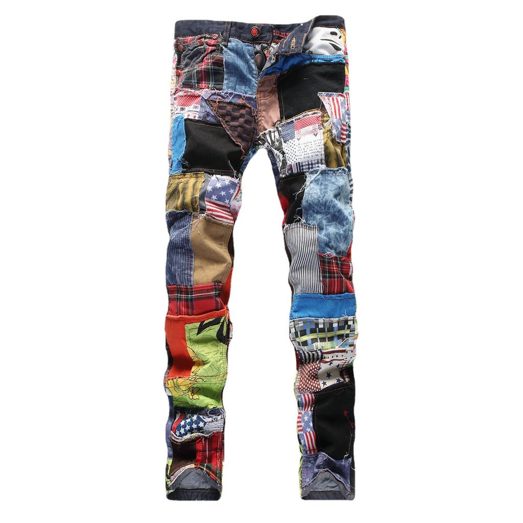 European And American Style New Trend Brand Straight Tube Slim Fit Denim Pants With Holes, Multi Colored Fabric Splicing, Washed Denim Pants