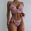 Сексуальный женский кружевной бюстгальтер с вышивкой и стринги, комплект нижнего белья, трусы, бандажное нижнее белье с бантом, S-2XL