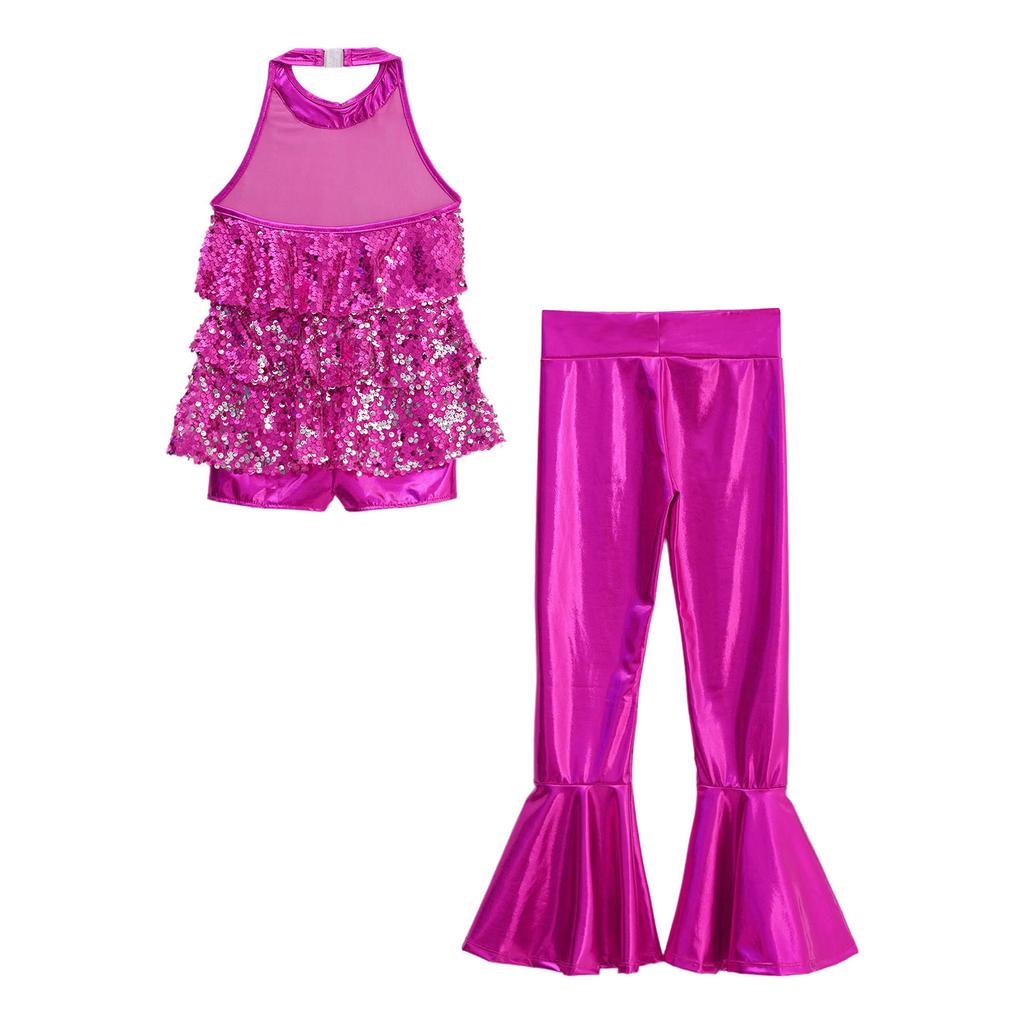 Блестящий леотард с пайетками для девочек, для джазовых танцев, халтер, без спины, с оборкой по подолу, брюки клеш, костюм для выступлений