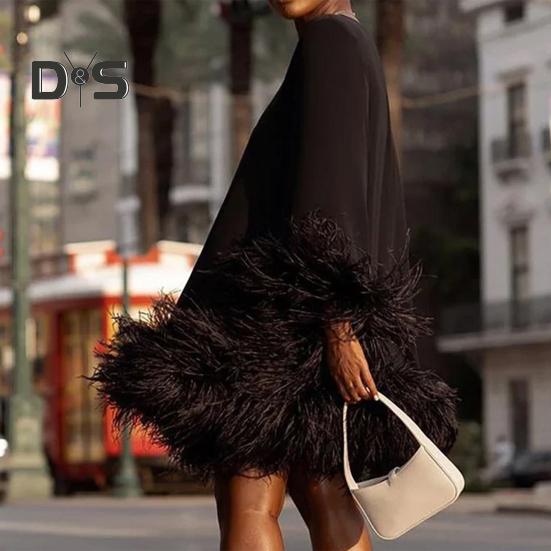 Women Fall Spring Dress Loose Round Neck Fuzzy Faux Fur Decor Solid Color Long Sleeve Pullover H Shaped Above Knee Length Mini Dress