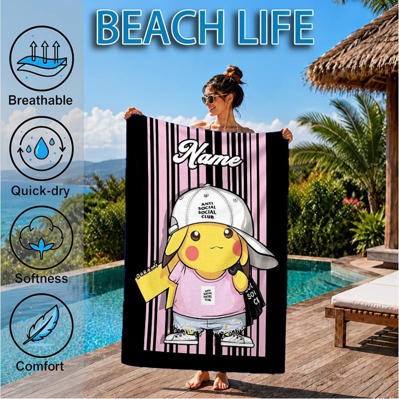 Custom Name Pika Urban Fashion Beach Towel Microfiber Beach Towel, Lightweight and Quick-Dry, for Summer Travel, Swimming Pool Gift