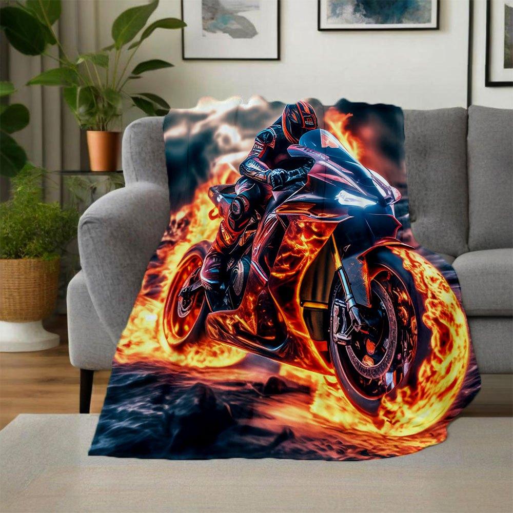 "Flaming Speed: Motorcycle Art Print - Ignite Your Space!"Blanket Flannel Throw Blanket for Sofa, Bed, Travel, Camping, Office, Couch, Chair