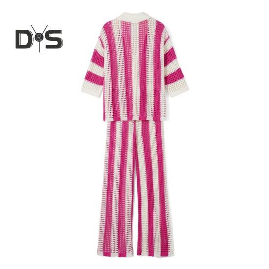 2 шт./компл., женская рубашка и брюки, комплект трикотажных полых V-образным вырезом, однобортная блузка с рукавами три четверти, высокая талия, широкие брюки, пляжный наряд