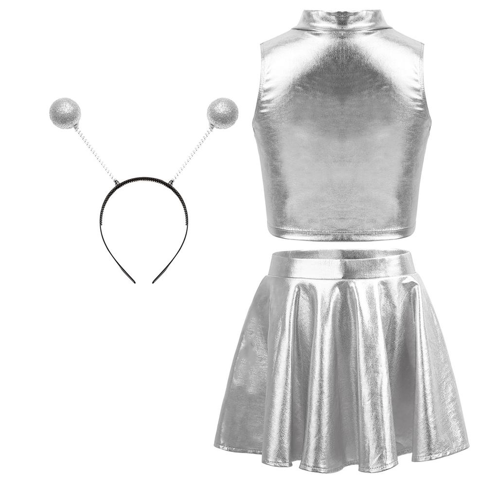 Костюм на тему инопланетянок, комплект: майка-топ, расклешенная плиссированная А-силуэта мини-юбка, аксессуар - обруч для волос, наряд на Хэллоуин
