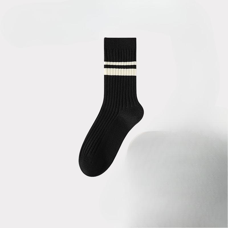 Women's Autumn and Winter Black and White Striped Anti-odor Mid-calf Socks, High Calf Socks, Sports Long Calf Socks