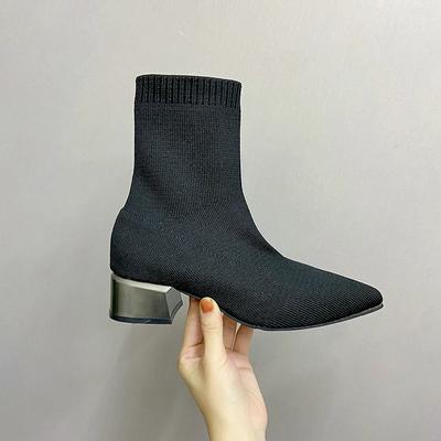 Модные женские вязаные ботильоны с острым носком эластичные толстые каблуки модные носки короткие женские ботинки