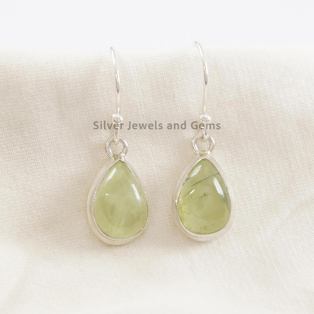 Natural Prehnite Earring, Teardrop Gemstone Earring, 925 Sterling Silver Dangle Earring, Daily wear Earring