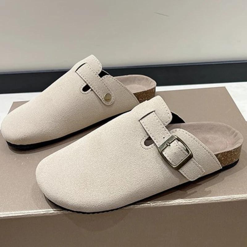 Fashion Autumn Winter Size 45 Mules Modern Sandals Buckle Shoes Strap Concise Retro Outside Flat with Women's Slippers Zapatos